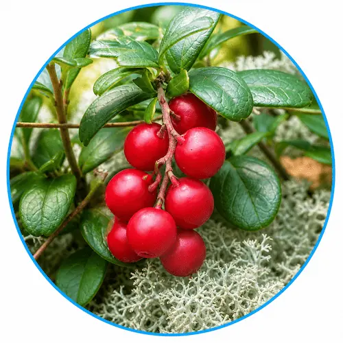 Fresh Arctic Lingonberry plant with red berries - a botanical ingredient included in Venus Factor for metabolic support.